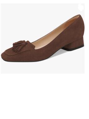 YDN Brown Block Low Heel Loafer Square Toe Tassel Fringe Pump Slip On Dress